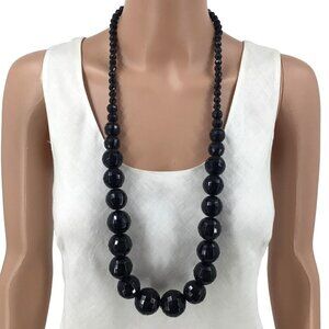 Black Graduated Beaded Necklace Chunky 34 Inch Length Lightweight